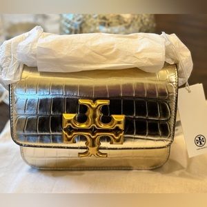 Brand New Authentic Tory Burch Eleanor Croc Embossed Champagne Gold bag
